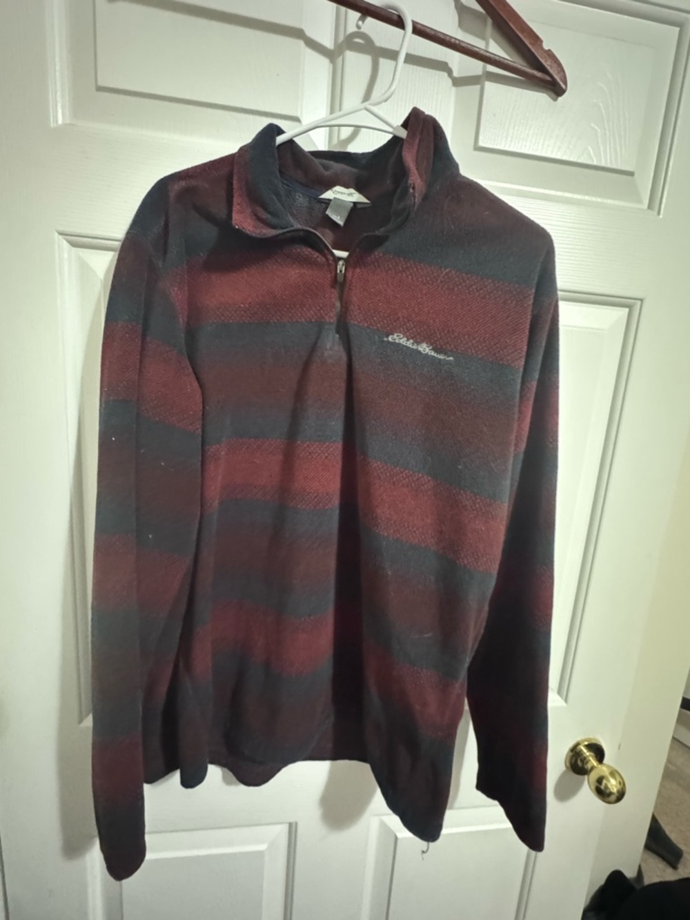 Eddie Bauer Men’s Zip-Up Striped Fleece Pullover - Burgundy & Charcoal